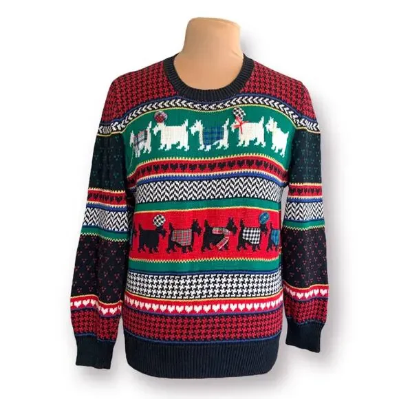 Vintage 90s Susan Bristol Scottie Dog Fair Isle Red Plaid Knit Sweater Large - Picture 2 of 12